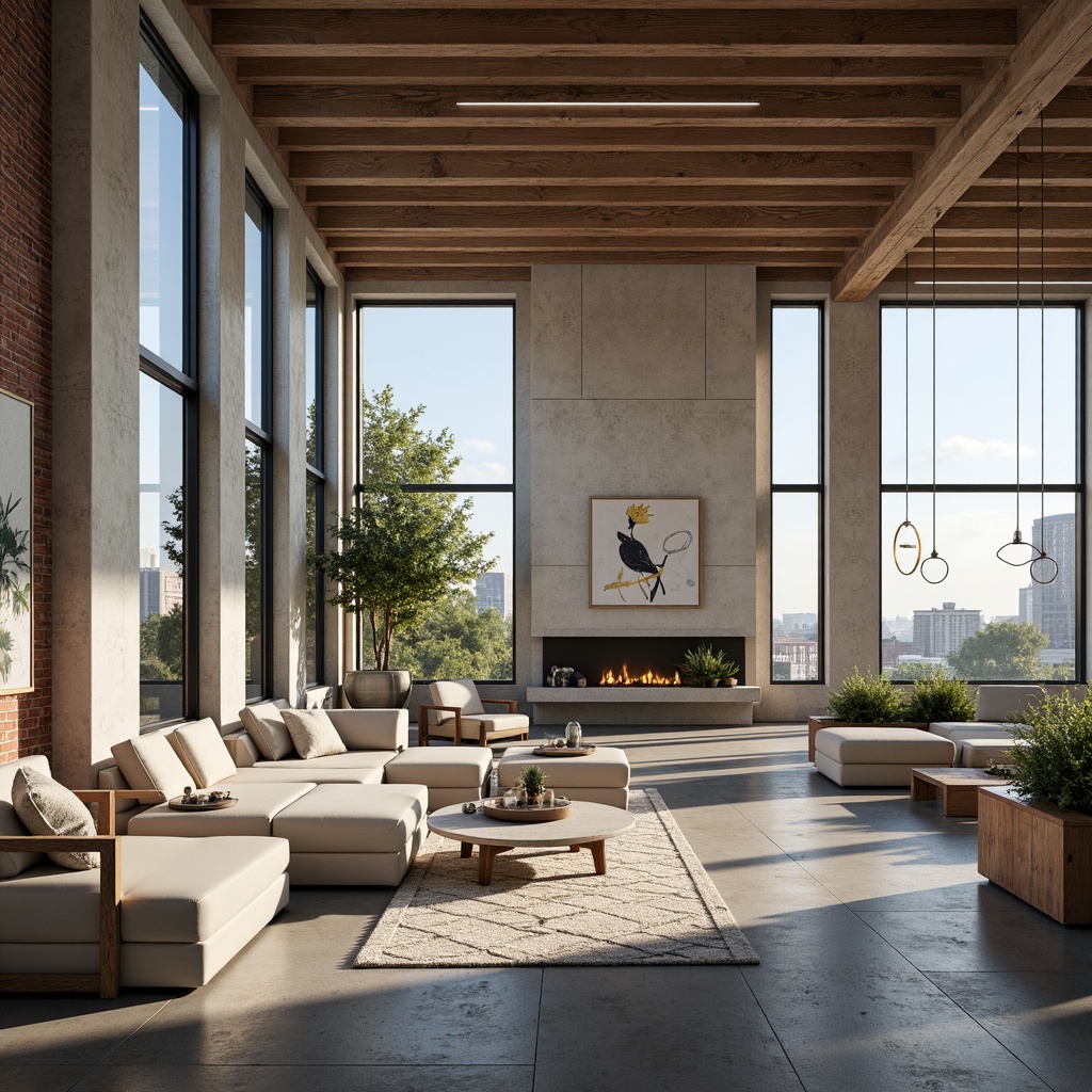 Prompt: Modern interior, minimalist aesthetic, sleek lines, neutral color palette, functional furniture, clever storage solutions, open-plan living areas, floor-to-ceiling windows, natural light, airy atmosphere, industrial-chic accents, exposed brick walls, polished concrete floors, geometric patterns, abstract artwork, pendant lighting fixtures, cozy reading nooks, plush throw pillows, greenery installations, urban city views, soft warm lighting, shallow depth of field, 3/4 composition, realistic textures, ambient occlusion.