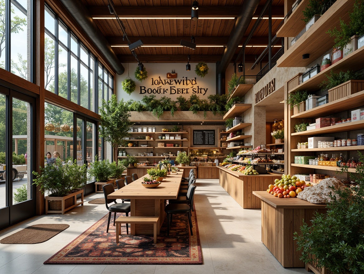 Prompt: Retro-style grocery store, warm wooden accents, vintage signage, industrial metal shelving, reclaimed wood flooring, natural stone walls, large glass windows, sliding glass doors, lush greenery, modern mid-century modern architecture, curved lines, organic shapes, earthy color palette, ambient soft lighting, shallow depth of field, 3/4 composition, panoramic view, realistic textures, ambient occlusion, bustling shopping atmosphere, vibrant product displays, eclectic decorative elements, geometric patterned rugs, natural fiber textiles.