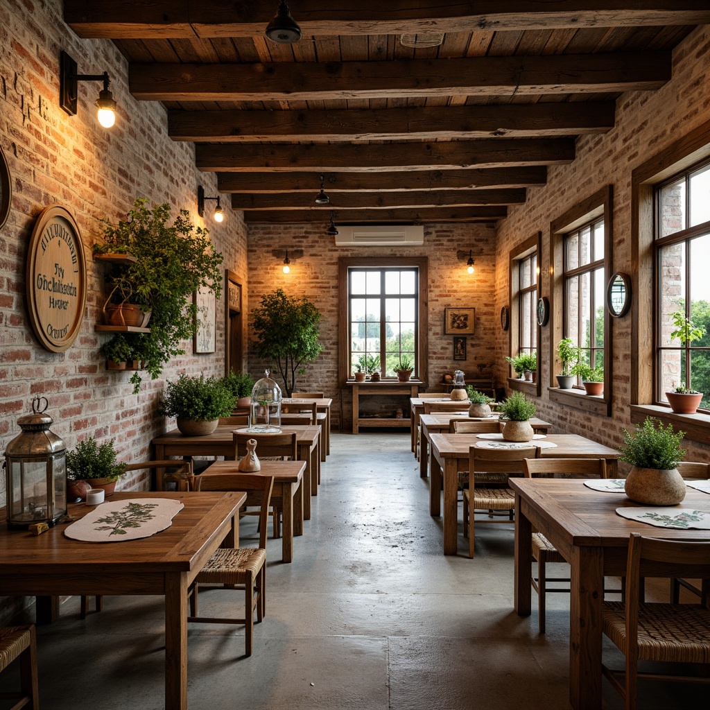 Prompt: Rustic farmhouse dining hall, vintage wooden beams, distressed brick walls, natural stone floors, reclaimed wood tables, antique metal lanterns, earthy tone color palette, warm cozy lighting, lush greenery, potted plants, botanical prints, woven baskets, natural fiber textiles, shiplap accents, country-style decorative plates, wooden utensils, farmhouse-inspired wall art, soft warm glow, shallow depth of field, 1/2 composition, realistic textures, ambient occlusion.