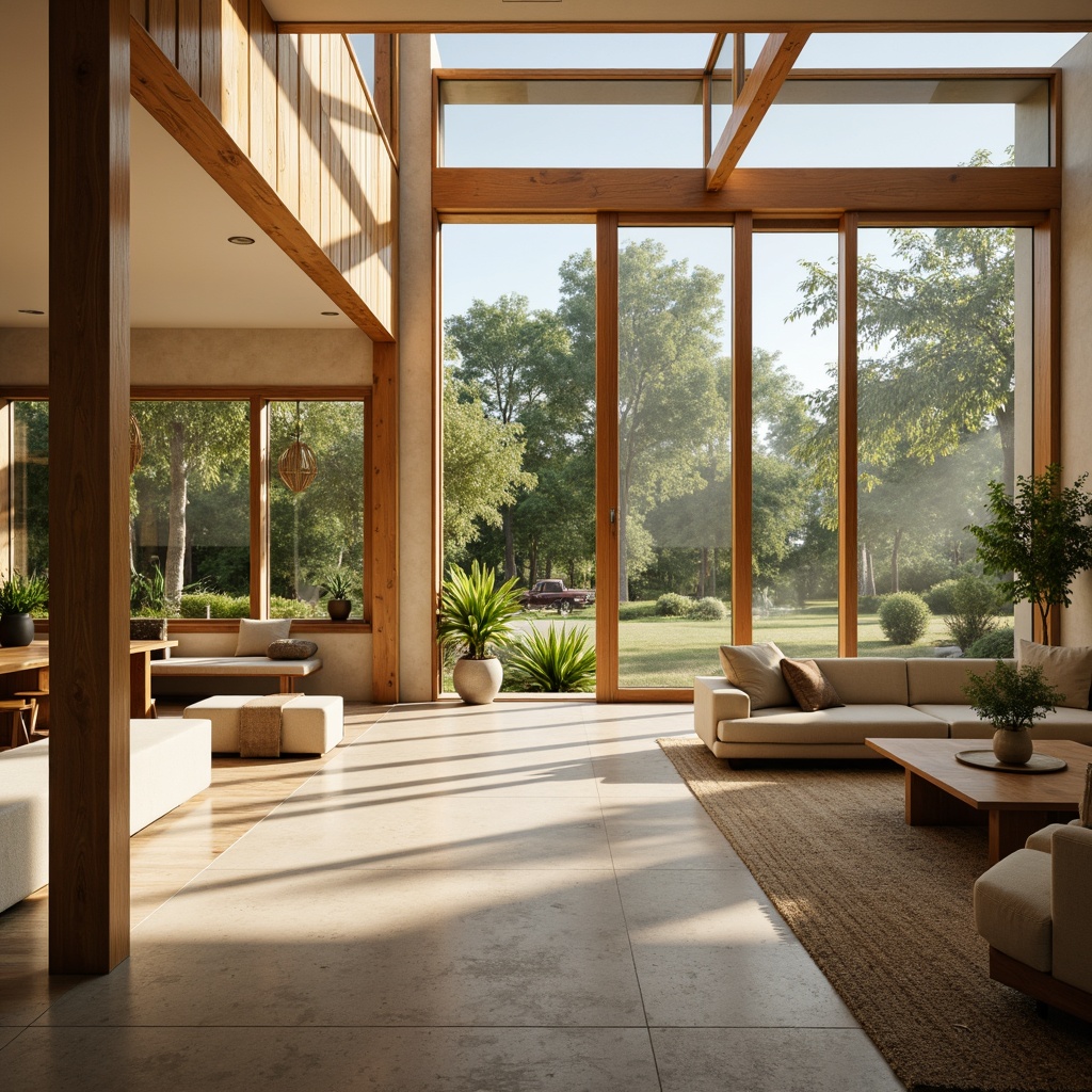 Prompt: Vibrant modern interior, large windows, sliding glass doors, natural stone flooring, wooden accents, minimal decor, airy atmosphere, soft warm lighting, indirect sunlight, clerestory windows, skylights, open floor plan, living room, family area, reading nook, comfortable seating, greenery, potted plants, nature-inspired color palette, earthy tones, beige walls, cream-colored furniture, 1/1 composition, shallow depth of field, realistic textures, ambient occlusion.