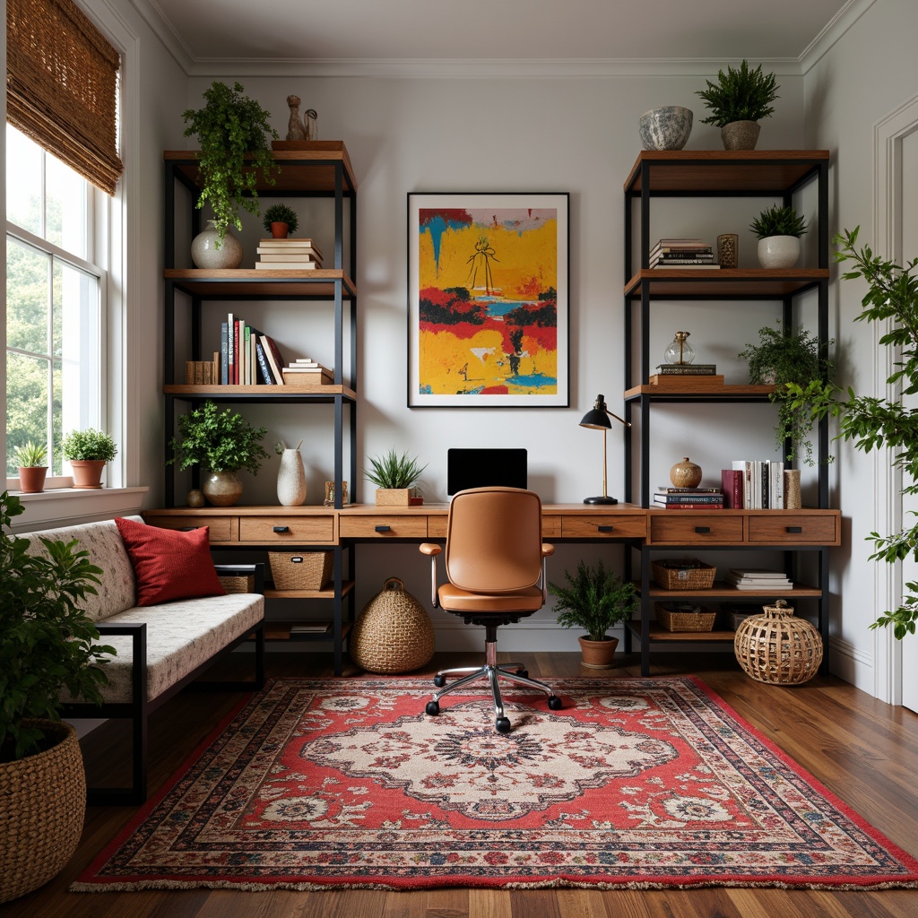 Prompt: Vibrant eclectic home office, plush area rug, wooden desk, ergonomic chair, industrial metal shelves, colorful artwork, potted plants, natural stone vase, modern floor lamp, warm task lighting, cozy throw blankets, woven basket storage, reclaimed wood accents, eclectic decorative objects, global-inspired textiles, abstract wall art, relaxed atmosphere, soft focus, 1/1 composition, realistic rendering.