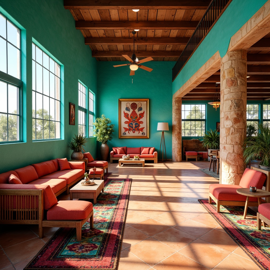 Prompt: Vibrant turquoise walls, warm terracotta floors, natural sandstone accents, rustic wooden furniture, colorful Navajo-inspired patterns, bold geometric shapes, bright coral-colored chairs, lively greenery, desert botanicals, sunny southwestern windows, modern metal fixtures, sleek glass surfaces, refreshing ambient lighting, shallow depth of field, 3/4 composition, panoramic view, realistic textures, ambient occlusion.