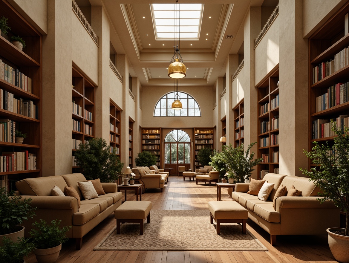 Prompt: Elegant university building, classic columns, ornate facades, warm beige walls, polished wooden floors, comfortable reading nooks, floor-to-ceiling bookshelves, modern pendant lights, soft diffused illumination, subtle color temperatures, cozy corner seating areas, natural textiles, earthy tone accents, rustic wood furniture, vintage-inspired decor, warm neutral color palette, layered lighting effects, ambient shadows, 1/2 composition, shallow depth of field, realistic textures, subtle atmospheric mist.