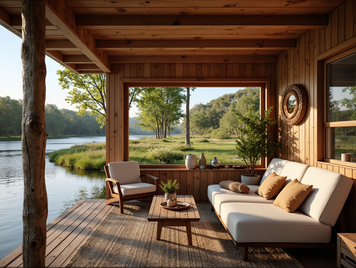 Prompt: Cozy boathouse, Scandinavian minimalist decor, wooden accents, natural textures, woven textiles, vintage nautical elements, lake or river surroundings, lush greenery, overhanging trees, calm water reflections, soft warm lighting, golden hour ambiance, shallow depth of field, 1/2 composition, realistic wood grains, ambient occlusion.