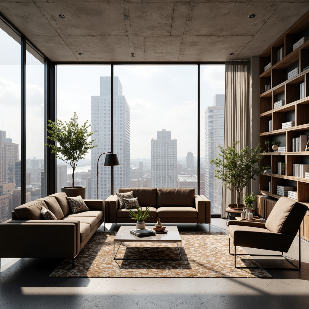 Prompt: Modern living room, sleek sofas, velvet upholstery, chrome legs, minimalist coffee tables, geometric-patterned rugs, floor-to-ceiling windows, natural daylight, urban city views, industrial-chic decor, metal accents, reclaimed wood shelves, pendant light fixtures, warm ambient lighting, cozy throw blankets, plush armchairs, abstract artwork, 1/2 composition, shallow depth of field, soft focus.