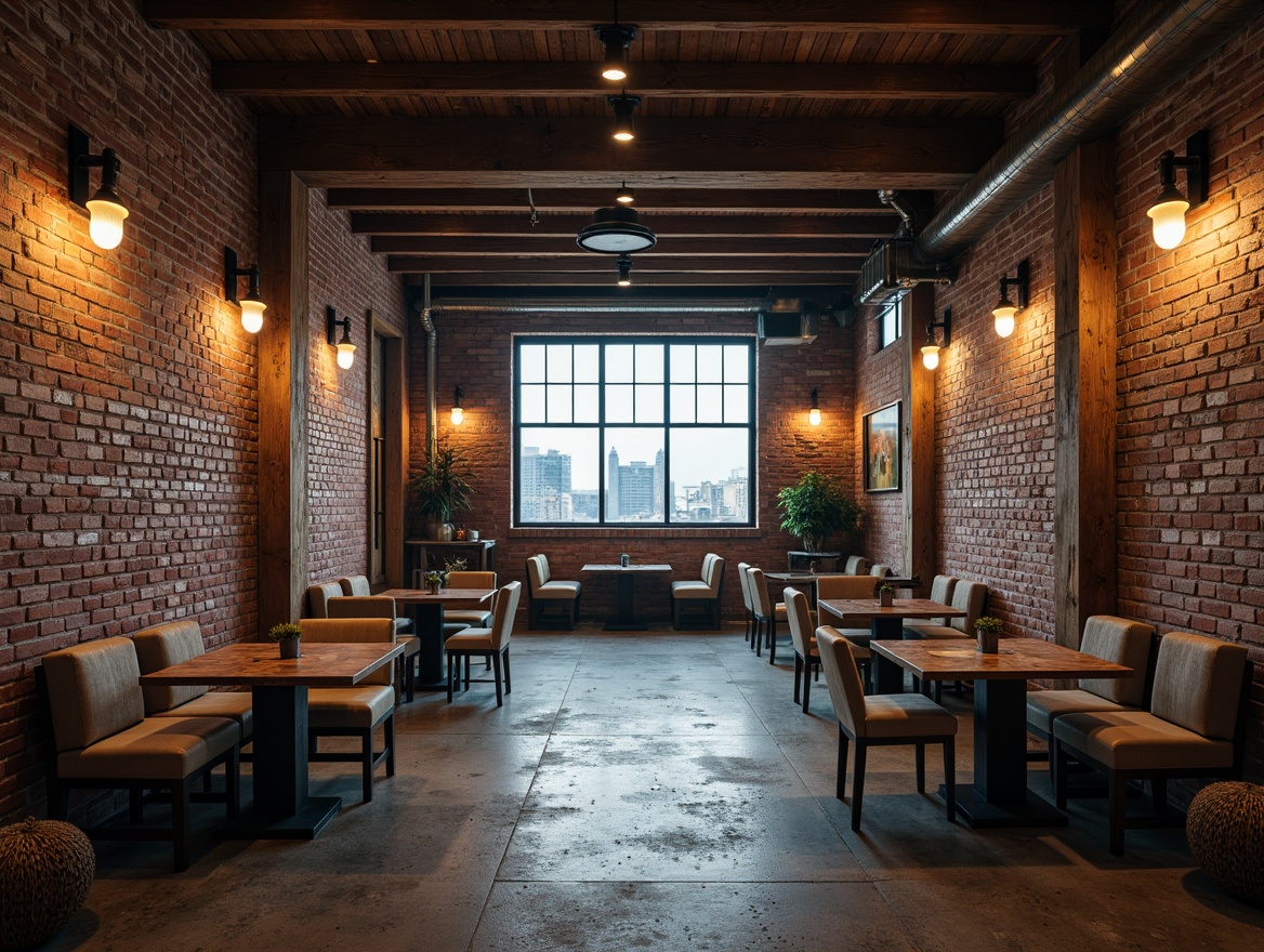 Prompt: Exposed brick walls, reclaimed wooden beams, metal accents, industrial-style lighting fixtures, distressed concrete floors, vintage machinery parts, urban cityscape views, gritty textured surfaces, rusty tones, dramatic shadows, cinematic contrast, wide-angle lens, atmospheric mist, desaturated colors, high-contrast ratio, 2/3 composition, symmetrical framing, moody ambiance.