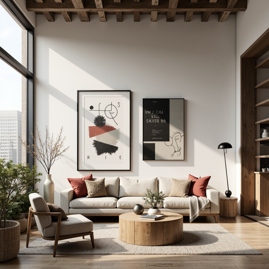 Prompt: Minimalist living room, geometric patterns, primary color scheme, industrial materials, functional furniture, woven textiles, grid-based composition, natural light, open floor plan, modernist architecture, sleek lines, rectangular shapes, monochromatic tones, bold typography, graphic prints, abstract art pieces, Scandinavian-inspired wooden accents, cozy throw blankets, soft cushions, warm beige colors, subtle texture contrasts, 1/2 composition, atmospheric lighting, realistic material rendering.