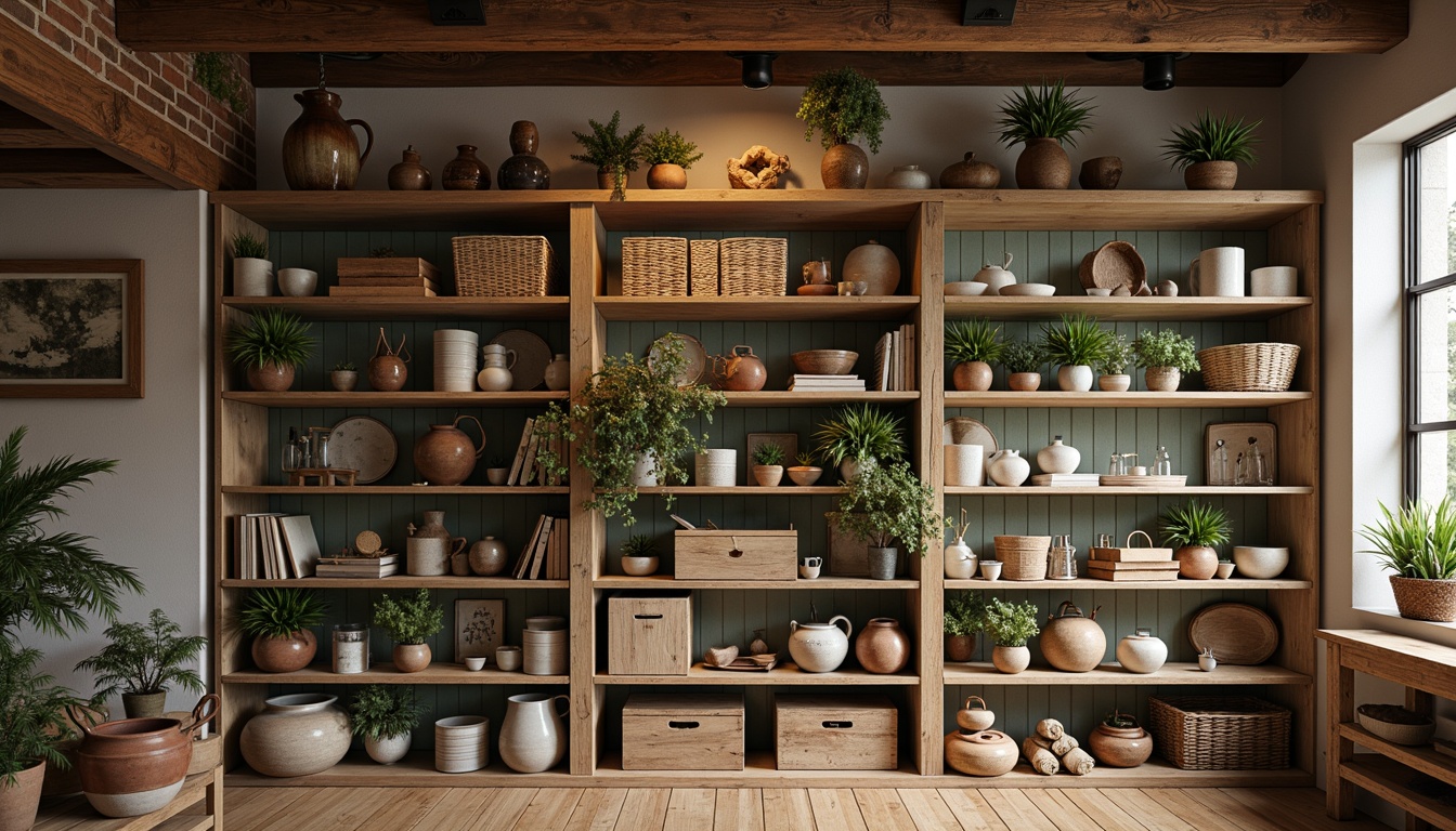 Prompt: Rustic farmhouse interior, open shelving units, reclaimed wood, vintage metal brackets, distressed finishes, earthy color palette, natural textiles, woven baskets, potted greenery, antique ceramics, wooden crates, exposed brick walls, soft warm lighting, shallow depth of field, 3/4 composition, cozy atmosphere, inviting textures, ambient occlusion.