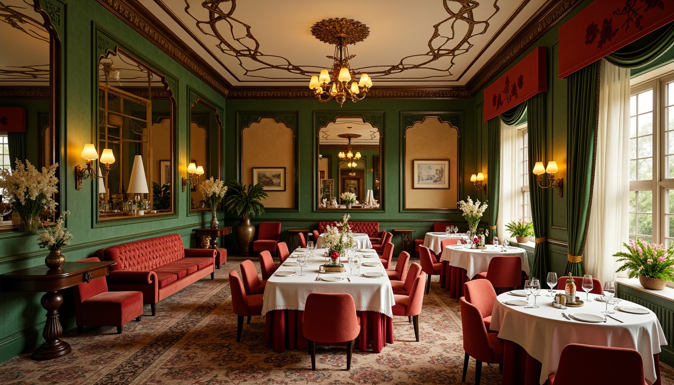 Prompt: Elegant Art Nouveau dining room, rich ornate details, flowing organic lines, warm golden lighting, luxurious velvet fabrics, jewel-toned color palette, emerald green walls, ruby red accents, soft cream ceilings, intricately patterned rugs, curved wooden furniture, natural floral motifs, subtle sheen textures, warm beige backgrounds, subtle bronze metallic accents, romantic ambiance, soft focus blur, 1/2 composition, atmospheric perspective.