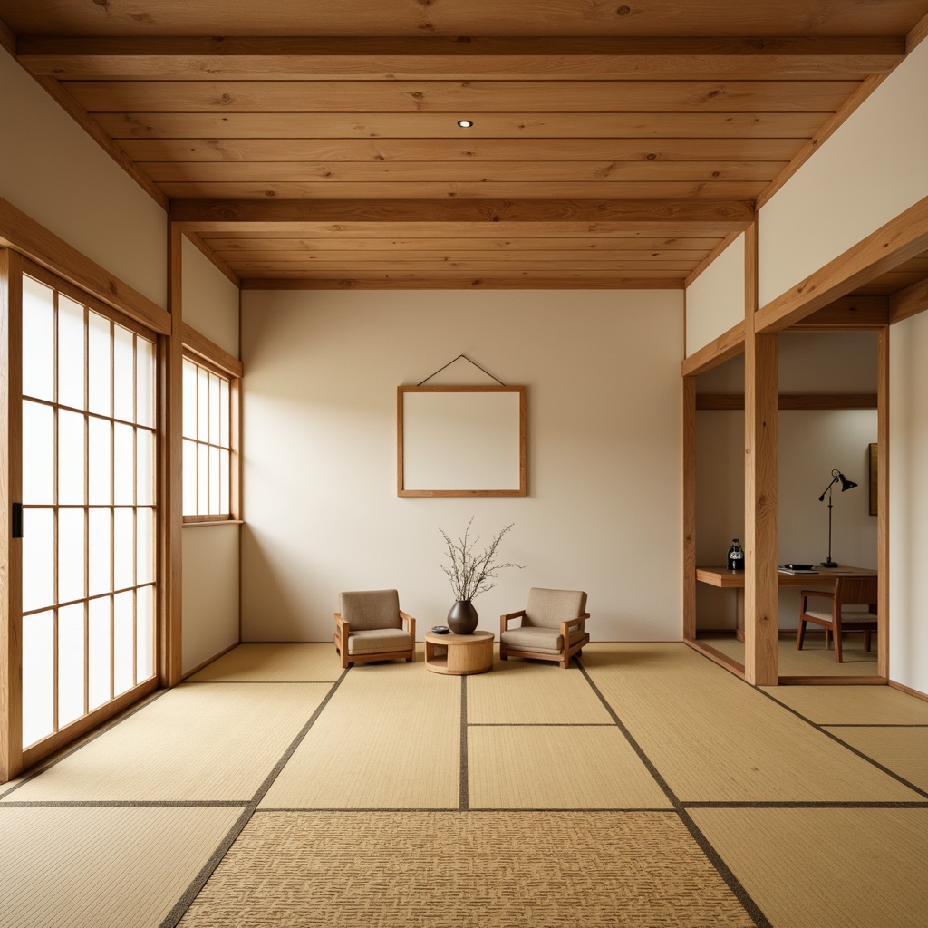 Prompt: Traditional Japanese tatami mats, natural wood grains, warm beige tones, minimalist design, sliding shoji screens, subtle texture contrasts, soft warm lighting, 1/1 composition, realistic wood textures, ambient occlusion, serene atmosphere.