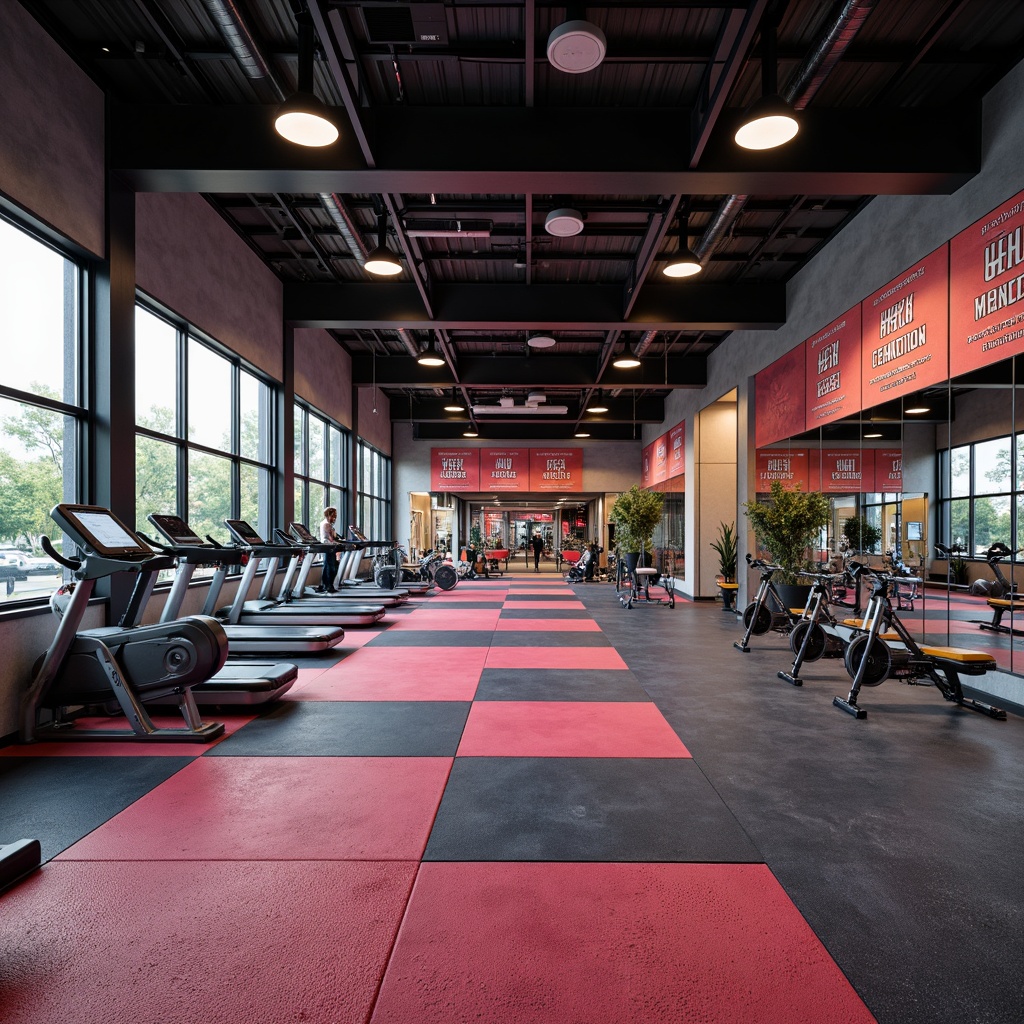 Prompt: Modern gym interior, heavy-duty flooring, shock-absorbing surfaces, rubber matting, textured finishes, vibrant color schemes, dynamic lighting, mirrored walls, professional-grade exercise equipment, free weights, treadmills, stationary bikes, athletic-inspired decor, motivational quotes, open-plan layout, high-ceilings, natural ventilation, large windows, urban-chic ambiance.