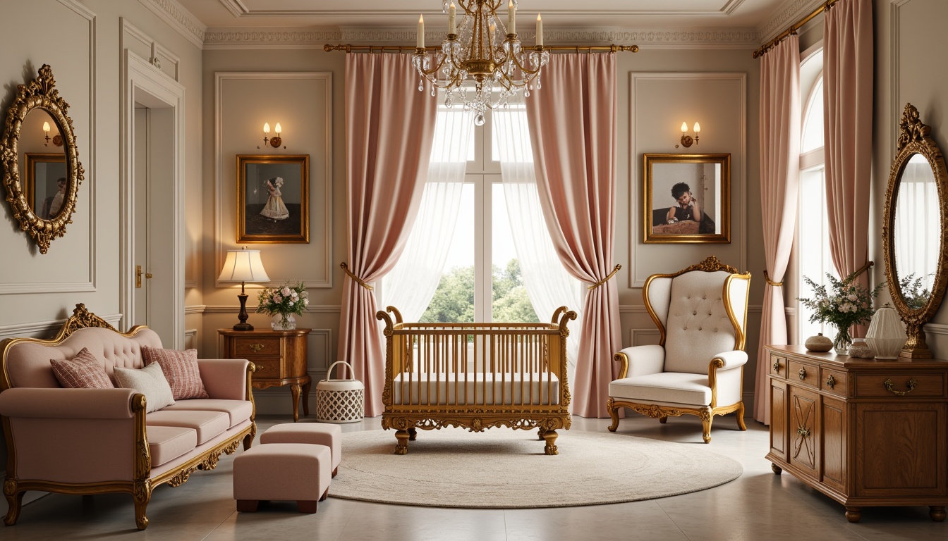 Prompt: Luxurious baby crib, intricately carved wooden furniture, gilded accents, velvet upholstery, ornate mirrors, crystal chandeliers, soft pastel colors, tufted ottomans, plush area rugs, golden picture frames, delicate lace curtains, whimsical mobiles, creamy marble floors, opulent drapery, warm candlelight, shallow depth of field, 1/1 composition, romantic ambiance, realistic textures, ambient occlusion.