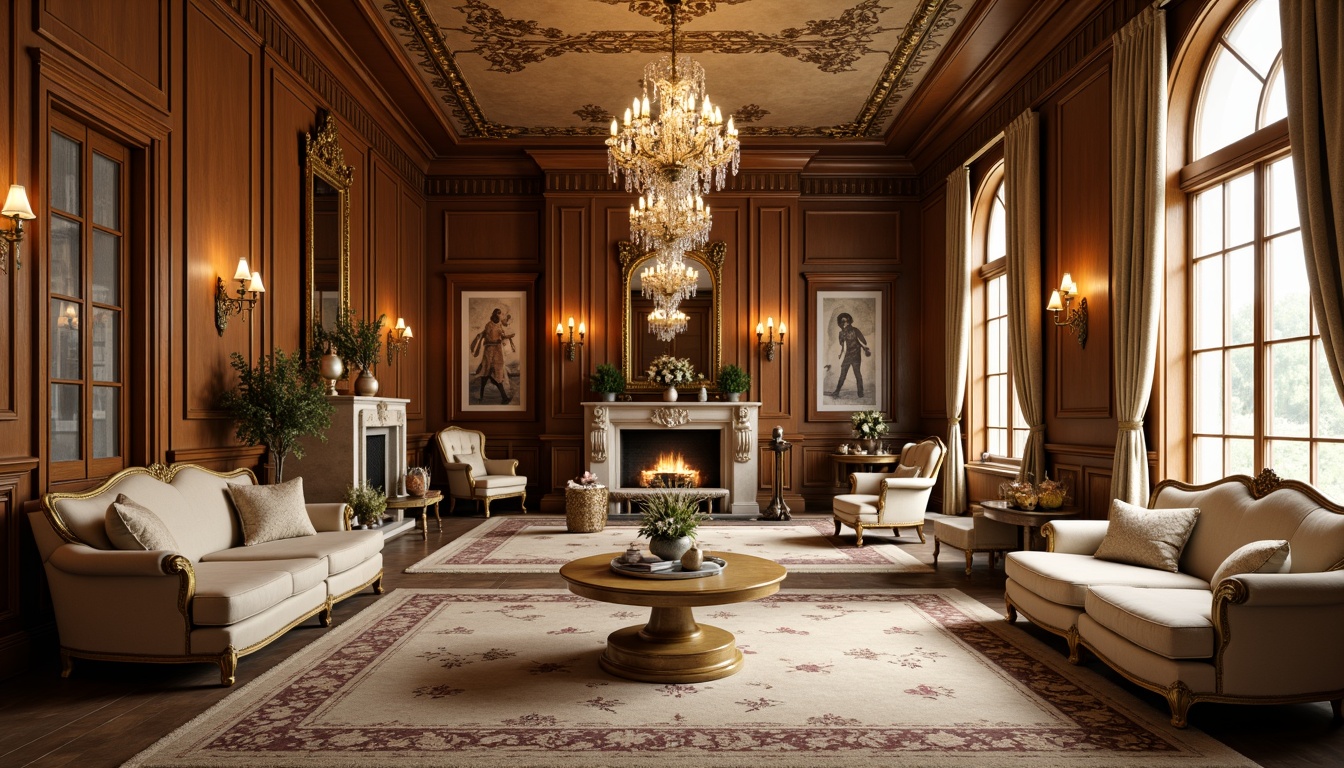 Prompt: Elegant mansion interior, ornate chandeliers, rich wood paneling, intricate carvings, velvet upholstery, antique furniture pieces, curved lines, symmetrical compositions, soft golden lighting, warm beige tones, luxurious fabrics, refined marble accents, classic columns, archways, grand staircases, stately fireplaces, opulent drapery, vintage decorative accessories, subtle ornateness, 1/1 composition, shallow depth of field, realistic textures.