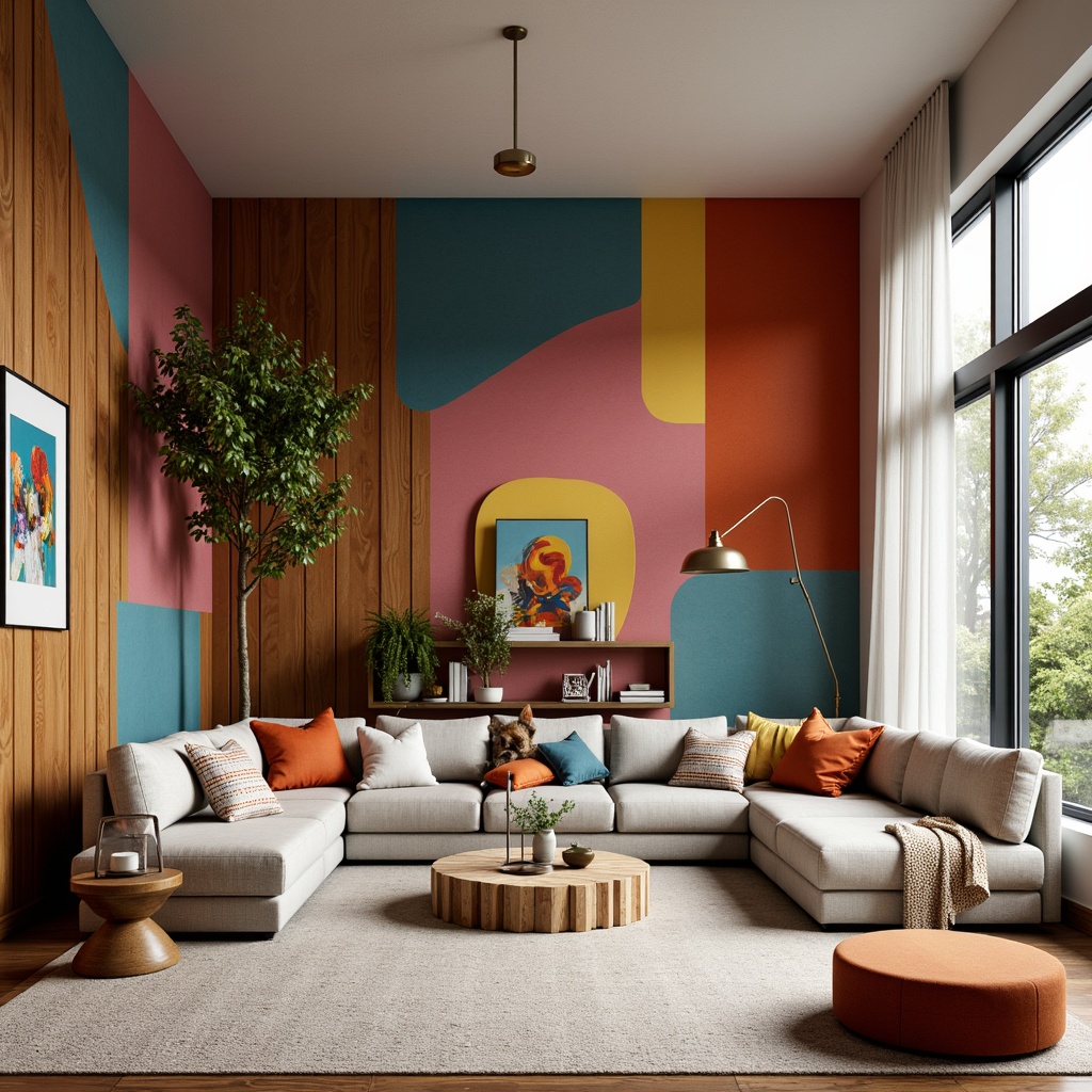 Prompt: Vibrant modern interior, eclectic furniture pieces, bold accent walls, rich wood textures, metallic accents, soft natural light, airy atmosphere, minimalist decor, abstract artwork, neutral background colors, pastel hues, deep jewel tones, monochromatic scheme, analogous color harmony, split-complementary palette, warm and cool tone balance, 3D visual rendering, realistic material simulation.