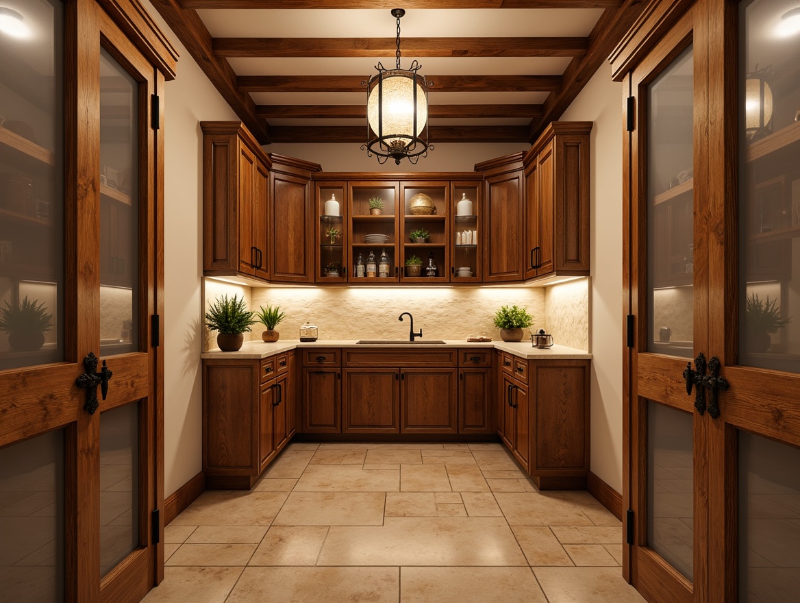 Prompt: Cozy traditional pantry, warm wooden cabinetry, ornate metal hardware, rich wood tones, soft cream-colored walls, elegant crown molding, ambient warm lighting, pendant lanterns, rustic metal chandeliers, under-cabinet LED strips, frosted glass door panels, subtle ceiling cove lighting, natural stone countertops, distressed finishes, vintage-inspired decor, warm beige flooring, classic rectangular tile backsplashes, traditional English country style, inviting warm atmosphere, soft shadows, 3/4 composition, realistic textures.