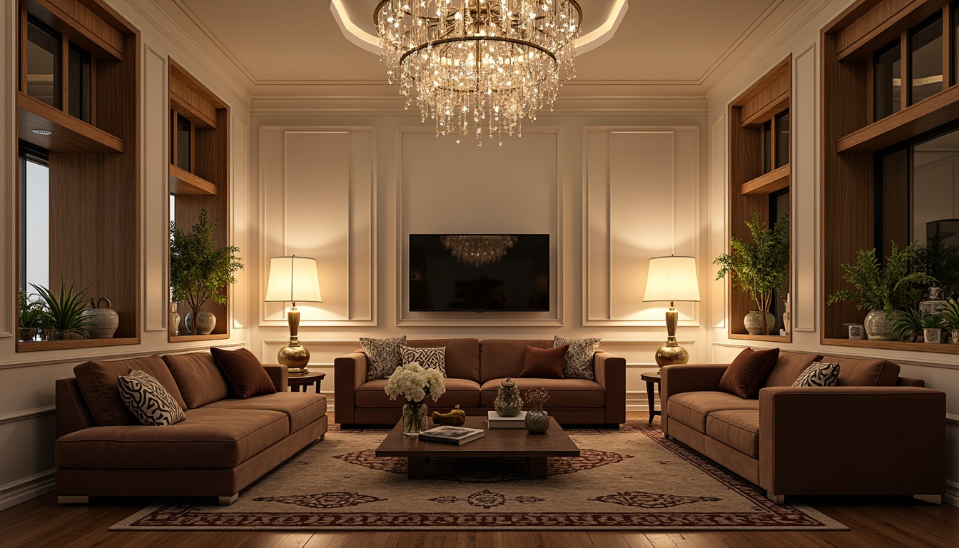 Prompt: Elegant living room, stylish floor lamps, modern chandeliers, crystal pendants, ambient warm glow, soft dimmable lighting, luxurious velvet sofas, rich wood paneling, metallic accents, geometric patterns, creamy white walls, plush area rugs, cozy reading nooks, 1/2 composition, subtle bokeh effect, atmospheric lighting, high-contrast rendering.