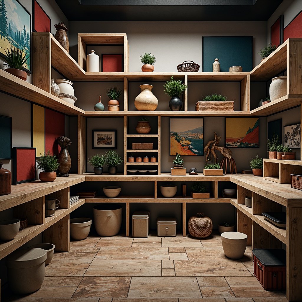 Prompt: Postmodernist storage room, eclectic shelving units, reclaimed wood accents, industrial metal frames, distressed finishes, abstract geometric patterns, bold color blocking, asymmetrical compositions, unconventional storage containers, avant-garde decorative objects, atmospheric lighting, moody shadows, 1/1 composition, shallow depth of field, realistic textures, ambient occlusion.