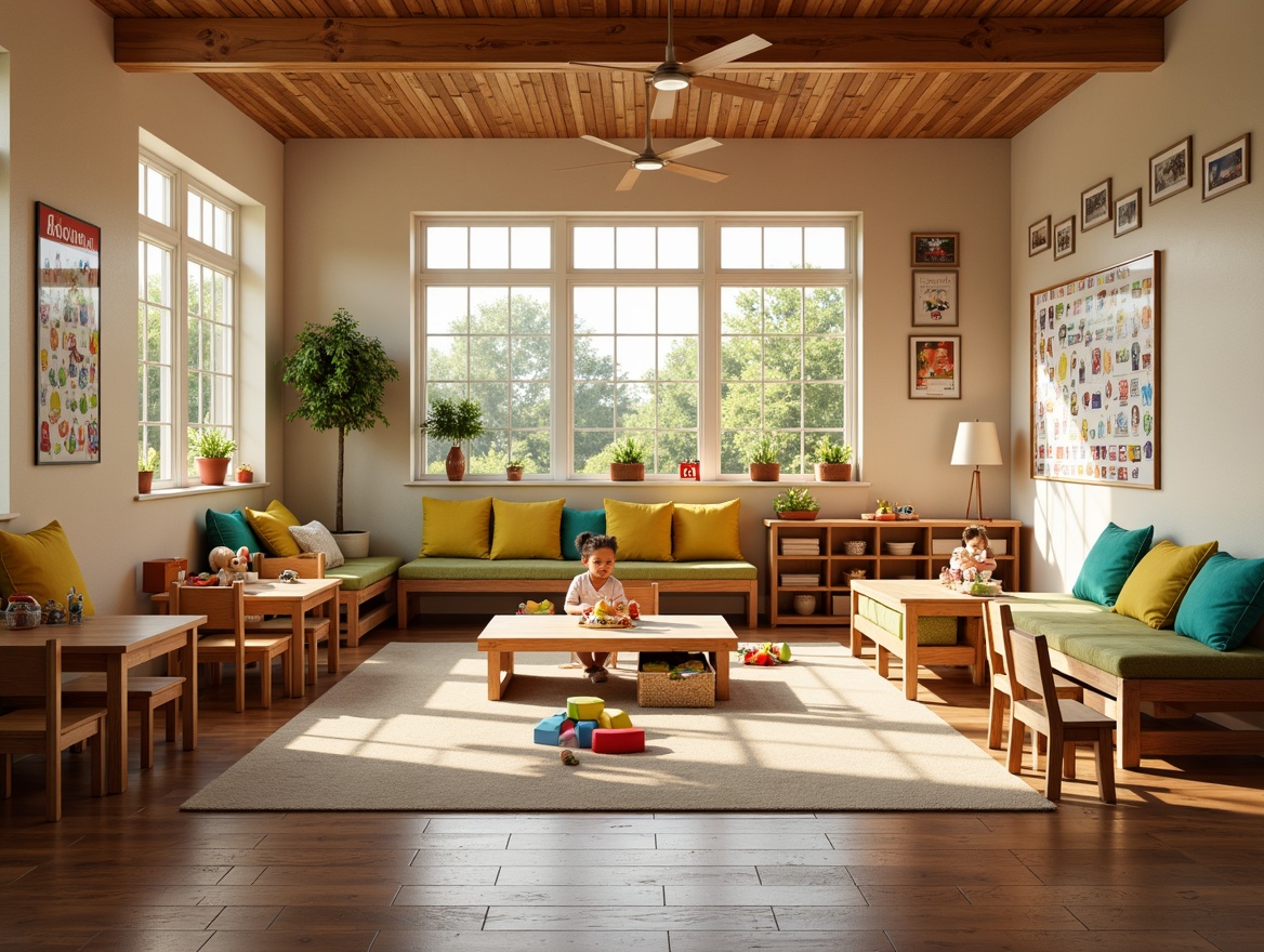 Prompt: Cozy kindergarten classroom, wooden tables and chairs, vibrant colorful toys, soft cushioned sofas, educational posters, natural wood accents, warm beige walls, large windows, soft diffused lighting, 1/1 composition, intimate atmosphere, realistic textures, subtle ambient occlusion, traditional architectural style, ornate wooden decorations, classic kindergarten setup.