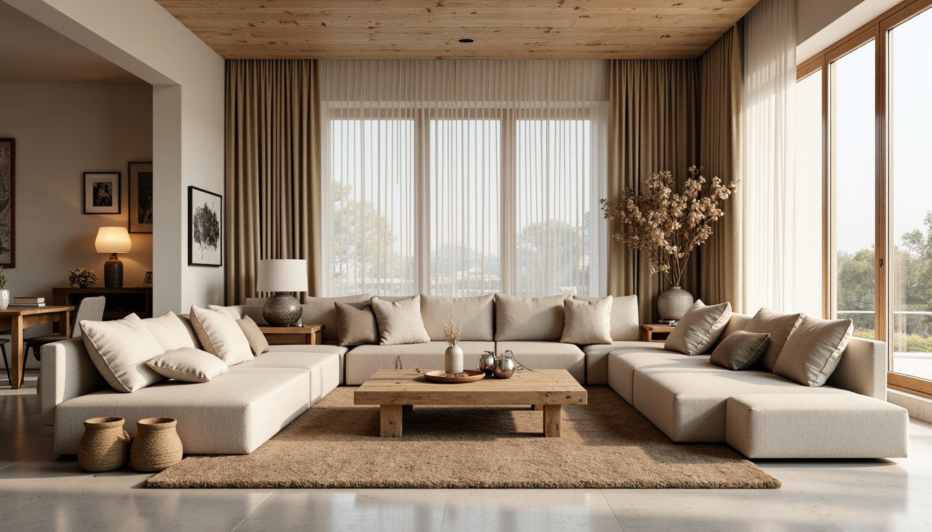 Prompt: Cozy living room, plush sectional sofas, velvety pillows, rustic wooden coffee tables, vintage armchairs, soft pastel colors, natural textiles, woven baskets, modern minimalist lamps, floor-to-ceiling windows, abundant natural light, warm beige walls, elegant marble floors, subtle patterns, comfortable reading nooks, relaxing ambiance, serene atmosphere, harmonious color palette, balanced composition, realistic rendering, soft focus effect.