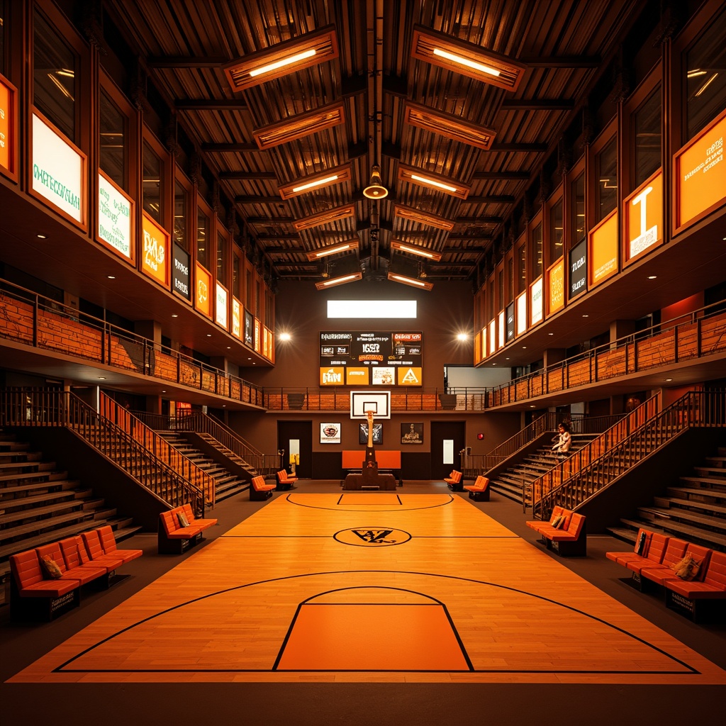 Prompt: Dramatic gymnasium interior, vibrant orange accents, warm golden lighting, bold shadows, high-contrast illumination, futuristic expressionist architecture, curved lines, dynamic shapes, metallic materials, reflective surfaces, suspended ceilings, catwalks, staircases, athletic equipment, basketball hoops, bleachers, scoreboard displays, neon signs, glowing LED lights, moody ambiance, low-key lighting, chiaroscuro effects, cinematic atmosphere, high-dynamic-range imaging, 1/2 composition, shallow depth of field.