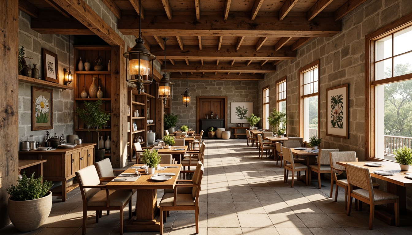 Prompt: Rustic farmhouse dining hall, vintage distressed wood accents, natural stone walls, earthy color palette, wooden beams, pendant lanterns, metal candle chandeliers, woven textiles, botanical prints, natural linen fabrics, antique furniture pieces, classic country decor, warm cozy ambiance, soft golden lighting, 1/2 composition, realistic wood textures, subtle grain details.