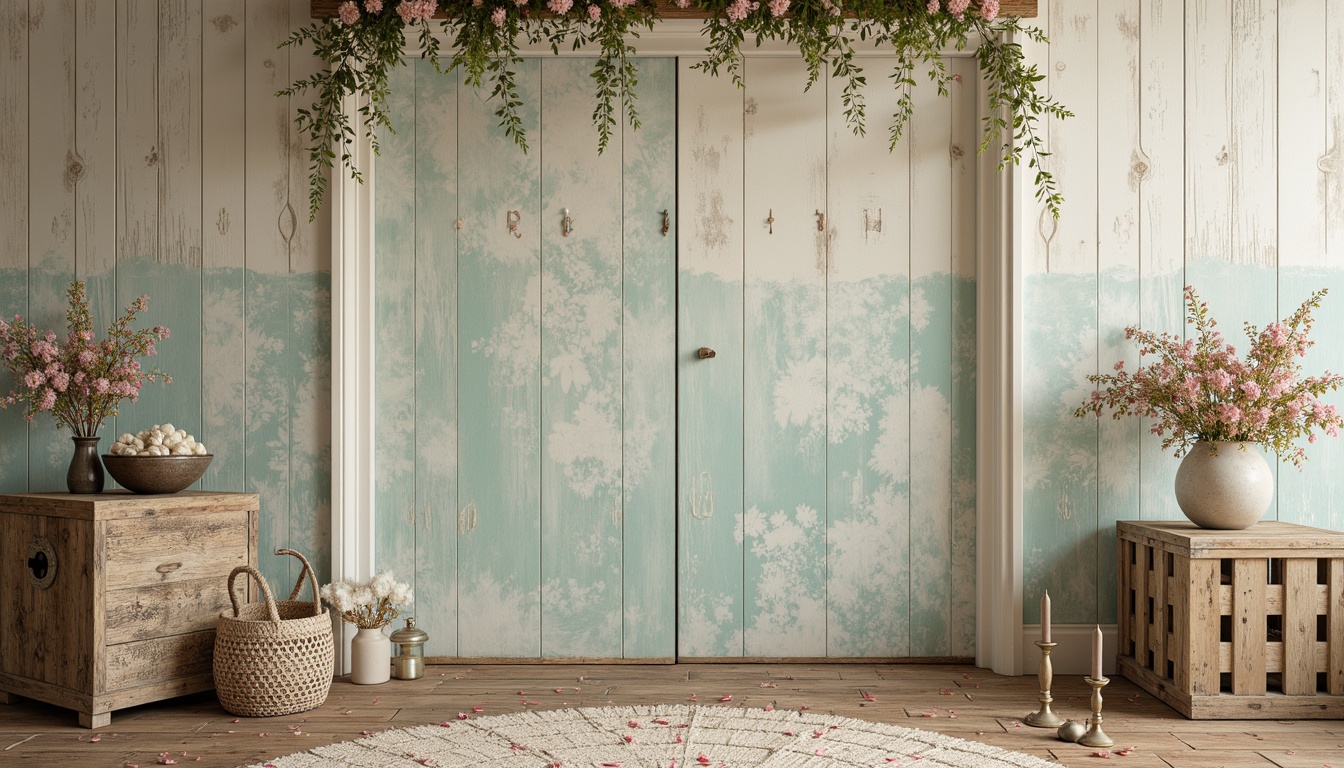 Prompt: Soft pastel hues, distressed wood accents, vintage metal fixtures, floral patterns, lace trimmings, gentle cream tones, warm beige textures, faded rose petals, muted turquoise shades, worn denim fabrics, rustic wooden crates, ornate metal filigree, romantic candlelight, dreamy misty atmosphere, natural fiber rugs, antique porcelain vases, distressed finishes, subtle sheen, 1/2 composition, soft focus, warm color grading.