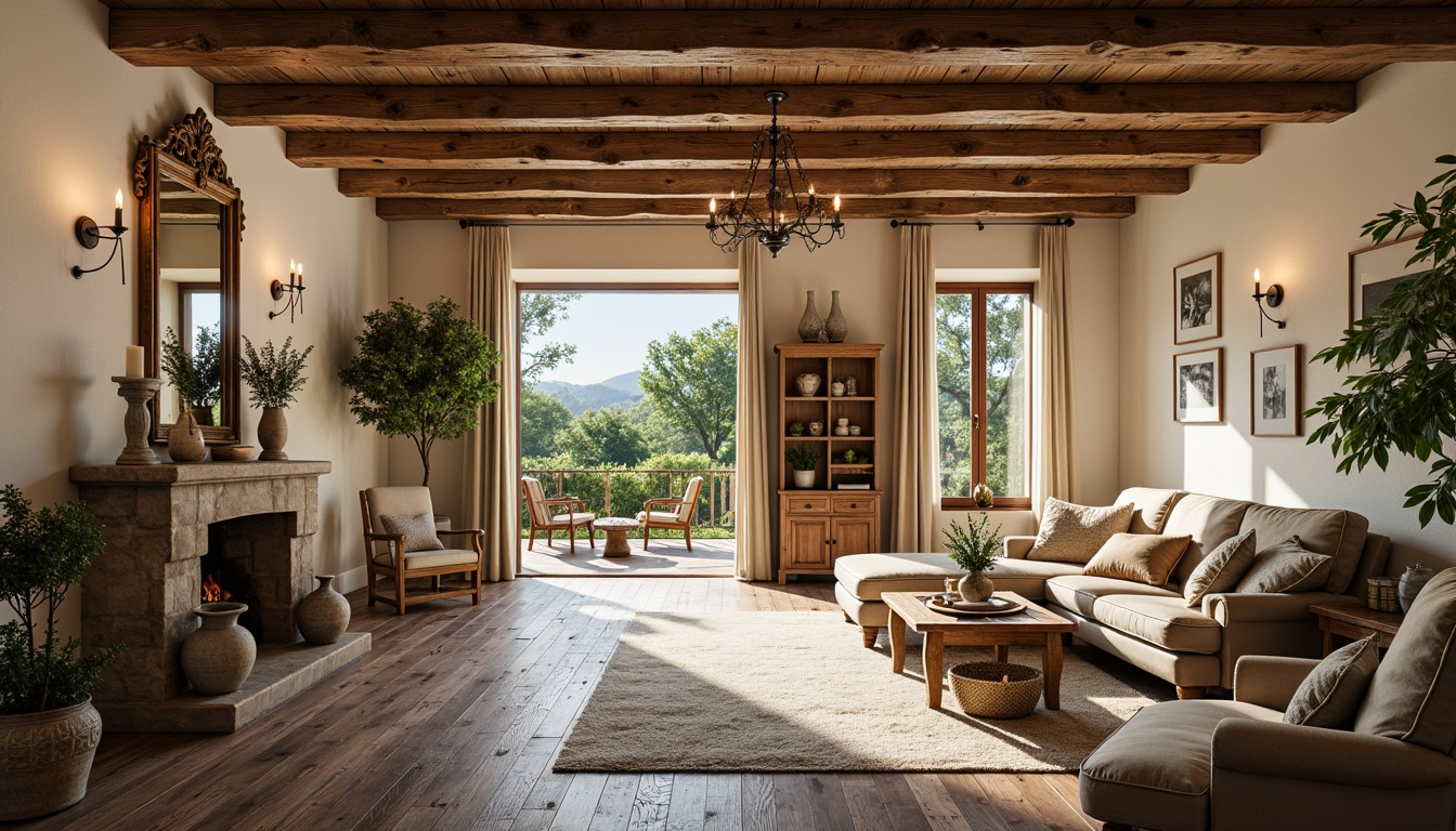 Prompt: Rustic wooden beams, distressed wood flooring, soft warm lighting, cozy stone fireplace, vintage furniture pieces, elegant chandeliers, creamy white walls, ornate mirrors, lush greenery, natural textiles, earthy tones, traditional French country architecture, charming countryside views, serene atmosphere, shallow depth of field, 3/4 composition, realistic wood grain textures.