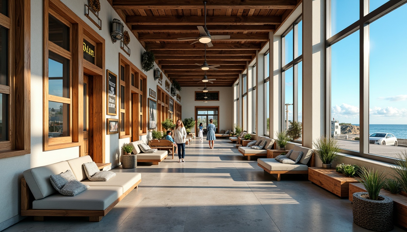 Prompt: Coastal train station, ocean-inspired architecture, large windows, natural light, warm soft lighting, driftwood accents, nautical rope details, distressed wood textures, seaside color palette, calming atmosphere, beachy vibes, modern fixtures, energy-efficient LED lights, pendant lamps, industrial-style ceiling fans, polished concrete floors, stainless steel handrails, ocean-view waiting areas, comfortable seating, decorative sailor ropes, vintage luggage racks, nostalgic signage, gentle sea breeze, clear blue sky, sunny day, shallow depth of field, 1/1 composition, realistic textures, ambient occlusion.