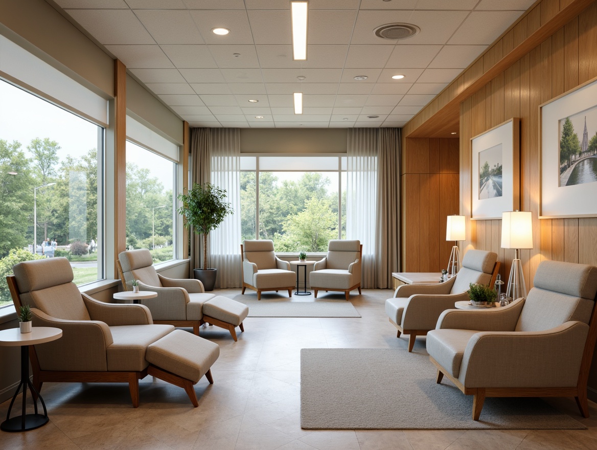 Prompt: Cozy healthcare facility, calming atmosphere, soothing color palette, plush patient chairs, ergonomic recliners, soft cushioned sofas, warm wooden accents, gentle lighting fixtures, minimal medical equipment visibility, natural fabric upholstery, adjustable headrests, built-in USB ports, quiet ambiance, noise reduction materials, rounded corner tables, comfortable waiting areas, relaxing artwork displays, serene nature views, abundant natural light, shallow depth of field, 1/1 composition, realistic textures, ambient occlusion.