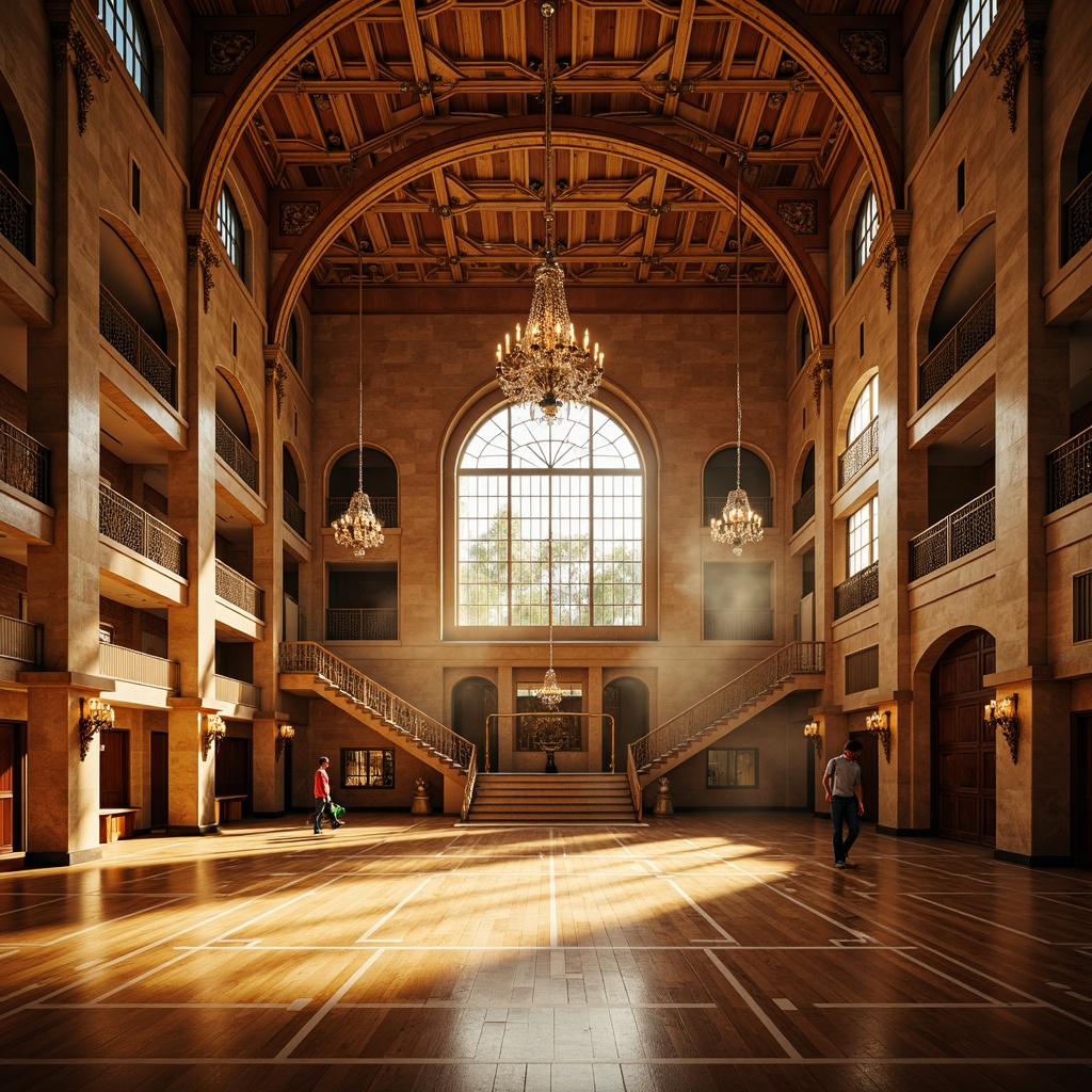 Prompt: Renaissance-style gymnasium interior, warm golden lighting, ornate chandeliers, crystal fixtures, soft warm glow, natural stone walls, wooden flooring, grand high ceilings, dramatic archways, elegant columns, intricate moldings, luxurious fabrics, rich wood tones, athletic equipment, sports facilities, grand staircases, majestic balconies, subtle ambient occlusion, 1/2 composition, realistic textures, warm color palette, soft focus effect.