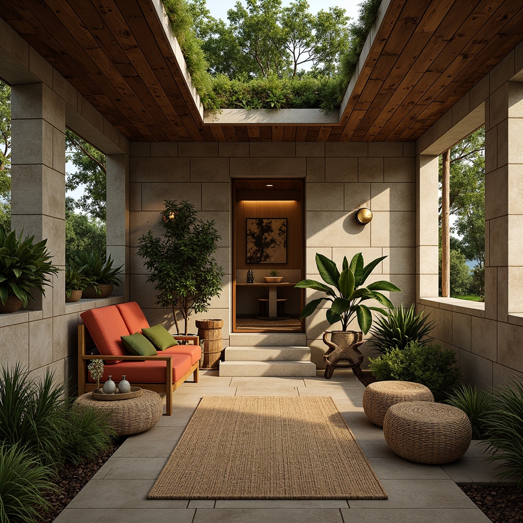 Prompt: Earthy tone, natural stone walls, reclaimed wood accents, living green roofs, bamboo flooring, wicker furniture, jute rugs, organic shapes, earthy color palette, lush foliage, rustic metal details, wooden beam ceilings, cozy warm lighting, soft shadows, 1/1 composition, intimate atmosphere, realistic textures, ambient occlusion.