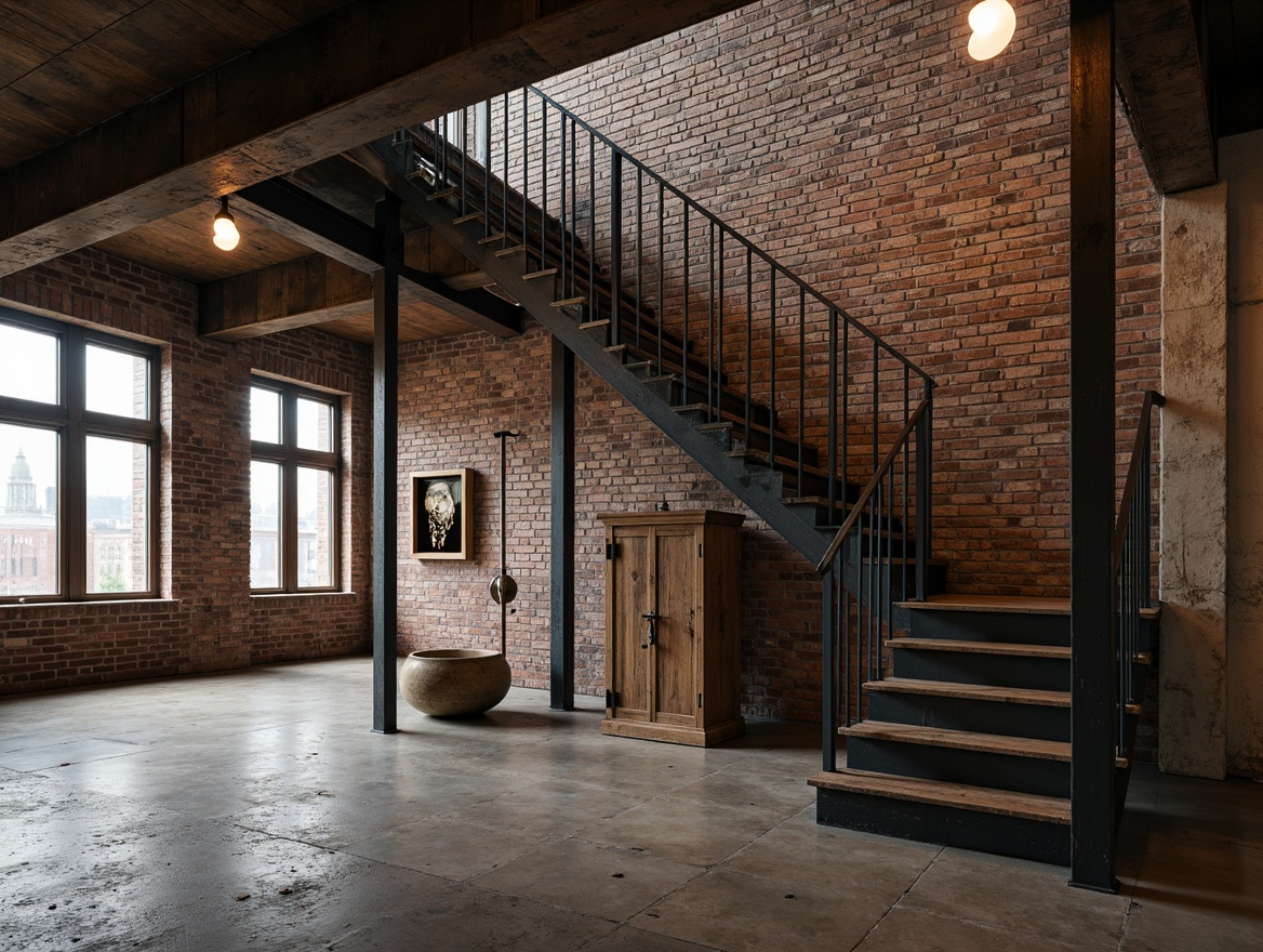 Prompt: Rustic industrial staircase, distressed metal railings, weathered wooden steps, exposed brick walls, reclaimed wood accents, steel beam supports, Edison bulb lighting, urban loft atmosphere, gritty concrete floors, minimalist decor, functional design, open floor plan, natural light pouring in, high ceiling, industrial chic aesthetic, metallic luster, rugged textures, dramatic shadows, low-key color palette, realistic materials, cinematic composition.