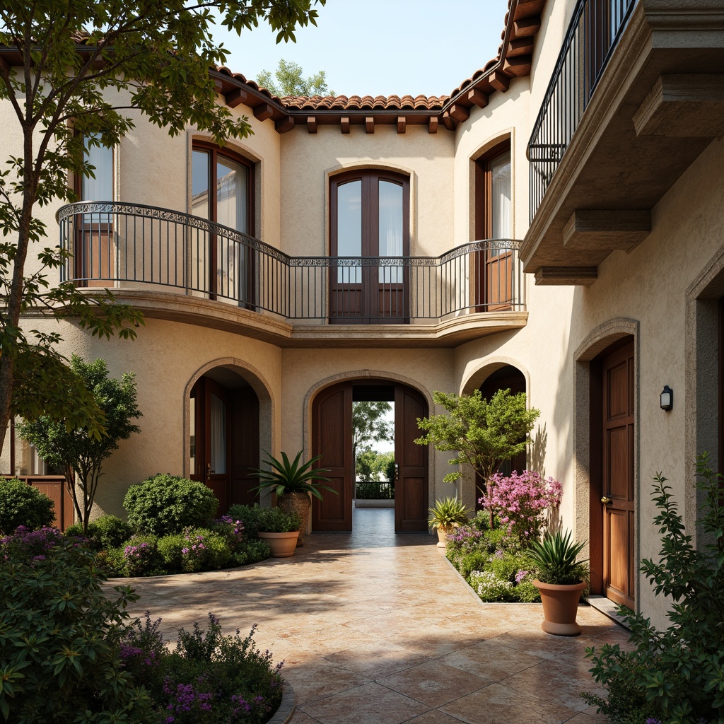 Prompt: Curved stonework, ornate wrought iron balconies, terracotta roof tiles, rustic wooden doors, arched windows, creamy stucco walls, decorative ceramic tiles, lush greenery, blooming flowers, tranquil water features, soft warm lighting, shallow depth of field, 3/4 composition, panoramic view, realistic textures, ambient occlusion.