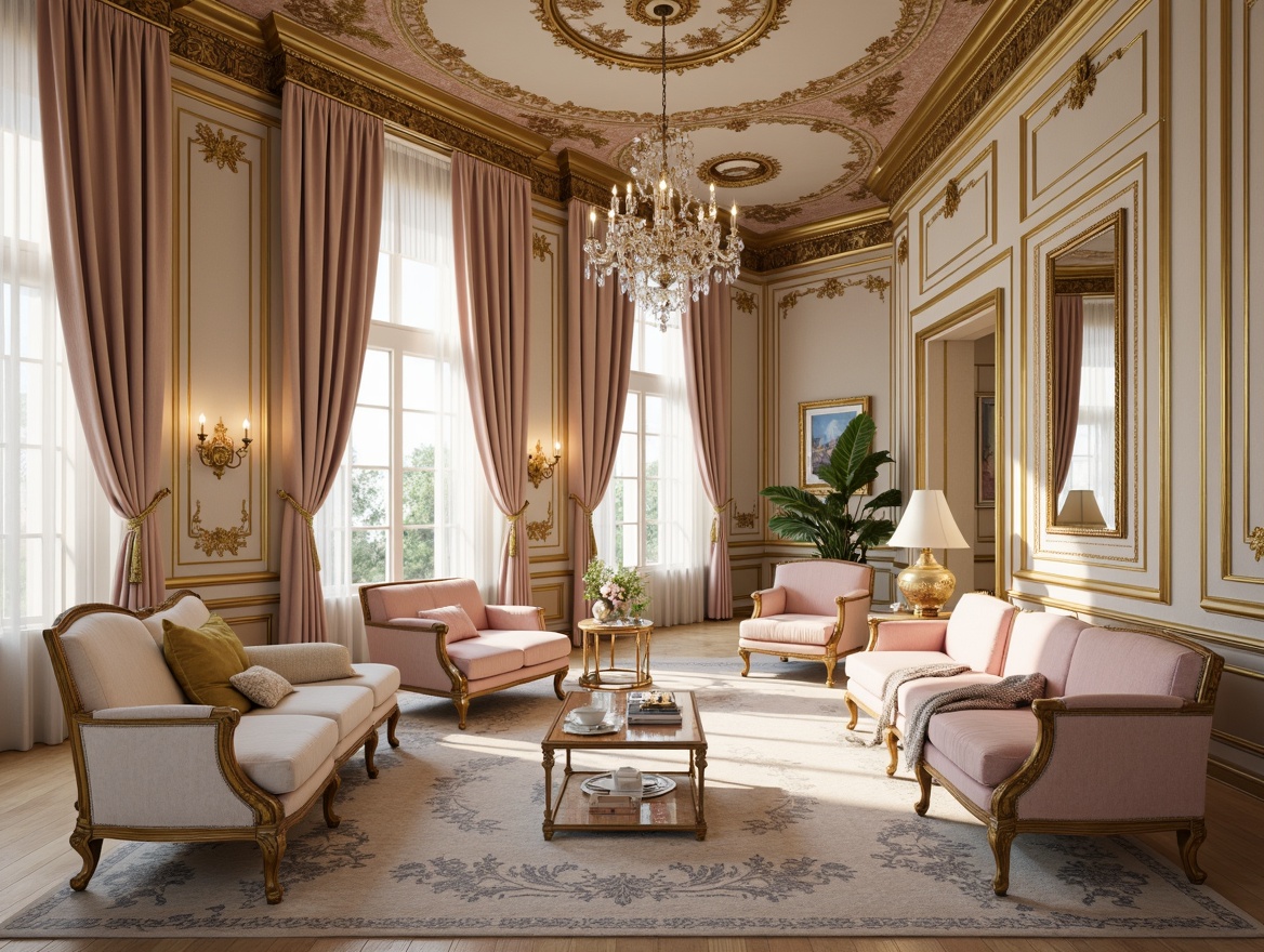 Prompt: Luxurious Rococo interior, soft warm beige walls, ornate gold leaf accents, rich velvety fabrics, delicate lace trimmings, crystal chandeliers, elegant curved lines, intricate wood carvings, pastel pink hues, creamy whites, pale blues, lavish silk drapes, antique furniture pieces, distressed finishes, subtle sheen, dramatic shadowing, warm softbox lighting, 1/2 composition, ornate frame details, realistic textures, ambient occlusion.