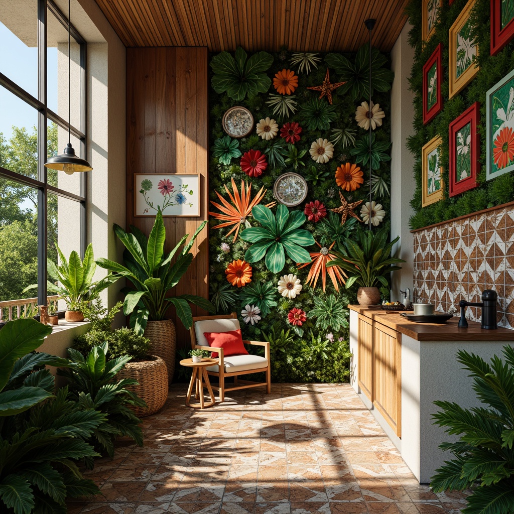 Prompt: Vibrant tropical leaves, exotic flower patterns, natural woven fibers, reclaimed wood accents, textured stucco finishes, colorful ceramic tiles, abstract geometric murals, lush green walls, living walls, vertical gardens, botanical prints, warm ambient lighting, soft diffused shadows, 1/1 composition, realistic textures, subtle color grading.