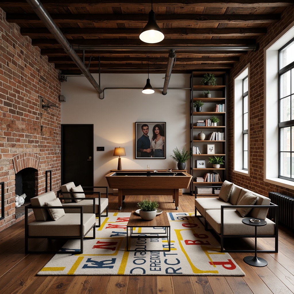 Prompt: Industrial-chic game room, distressed wooden floors, exposed brick walls, minimalist metal chairs, sleek coffee tables, vintage industrial lamps, geometric-patterned rugs, bold color accents, modernist typography, functional shelving units, abstract artwork, urban loft atmosphere, soft warm lighting, 1/1 composition, realistic textures, ambient occlusion.