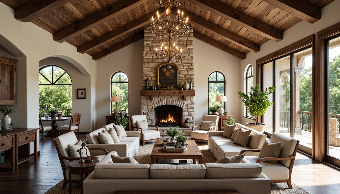 Prompt: Rustic French country-style great room, open floor plan, high ceilings, wooden beams, stone fireplace, comfortable sofas, plush armchairs, soft cushions, warm lighting, elegant chandeliers, distressed wood furniture, vintage decorative items, natural stone walls, earthy color palette, lush greenery, large windows, sliding glass doors, sunny day, shallow depth of field, 3/4 composition, panoramic view, realistic textures, ambient occlusion.