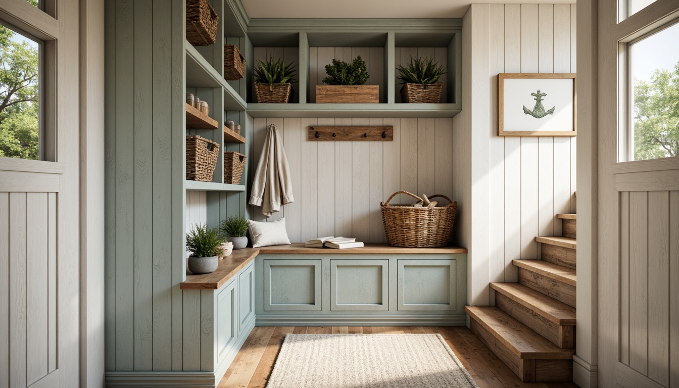 Prompt: Coastal mudroom, rustic wooden accents, nautical color palette, weathered metal storage bins, woven sea grass baskets, reclaimed driftwood shelves, ocean-inspired decorative elements, soft warm lighting, shallow depth of field, 1/1 composition, realistic textures, ambient occlusion, functional storage units, built-in shelving, water-resistant materials, durable finishes, beachy vibe, calm atmosphere.