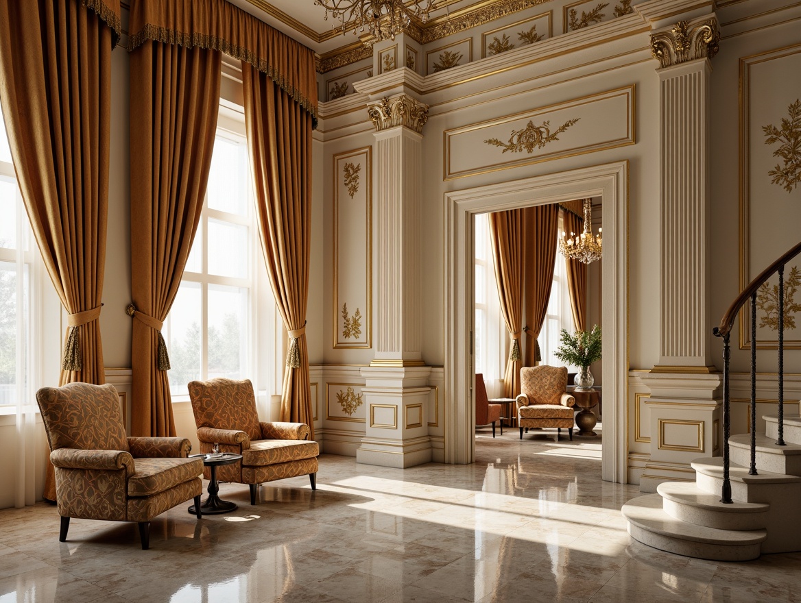 Prompt: Elegant velvet drapes, rich brocade fabrics, ornate golden embroidery, intricate floral patterns, subtle cream tones, luxurious silk upholstery, refined damask textures, stately columns, ornamental moldings, grand chandeliers, sweeping staircases, polished marble floors, soft warm lighting, shallow depth of field, 3/4 composition, realistic reflections, ambient occlusion.