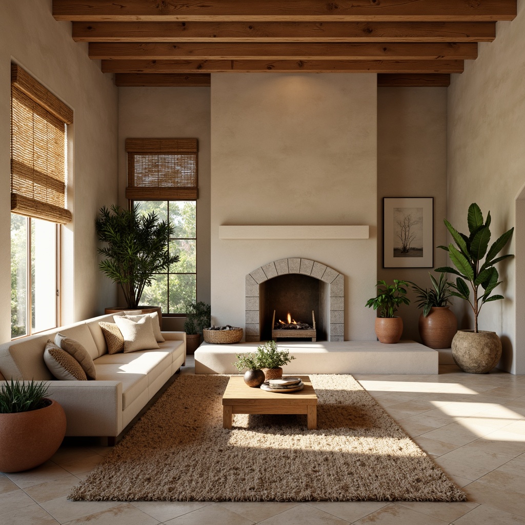 Prompt: Cozy living room, warm beige walls, rustic wood accents, textured stucco finishes, soft gray stone fireplaces, plush area rugs, natural fiber upholstery, earthy terracotta planters, woven bamboo window treatments, organic curved lines, inviting ambient lighting, 1/1 composition, shallow depth of field, realistic textures, ambient occlusion.