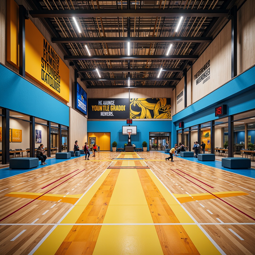 Prompt: Vibrant gymnasium interior, bold athletic colors, dynamic lighting, polished wood flooring, sturdy metal beams, modern equipment, motivational quotes, inspirational murals, energetic atmosphere, warm color tones, intense blue accents, bright yellow highlights, neutral beige backgrounds, sleek glass partitions, industrial-style decor, functional layout, high ceilings, spacious open areas, natural ventilation systems, subtle texture overlays, cinematic camera angles, dramatic shadows, realistic renderings.