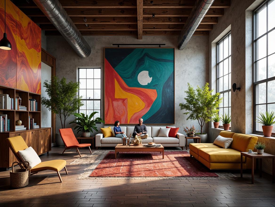 Prompt: Vibrant artistic studio, eclectic furniture, rich textures, bold color blocking, abstract artwork, geometric patterns, warm wooden accents, industrial metal fixtures, reclaimed wood floors, natural stone walls, oversized windows, soft diffused lighting, atmospheric mist, shallow depth of field, 1/1 composition, realistic renderings, ambient occlusion.