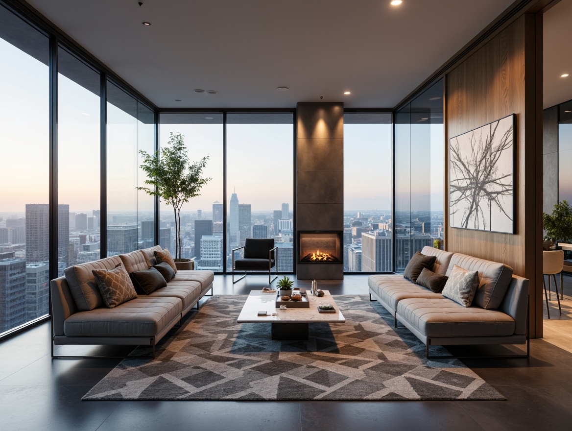 Prompt: Minimalist living room, sleek low-profile furniture, polished chrome legs, tufted velvet sofas, geometric patterned rugs, floor-to-ceiling windows, cityscape views, modern abstract artwork, ambient soft lighting, 1/1 composition, shallow depth of field, realistic reflections, luxurious marble coffee tables, metallic accent walls, hidden LED lighting, wireless charging stations, smart home devices, futuristic remote controls, minimalist wall decor, industrial-chic shelving units, avant-garde sculptures.