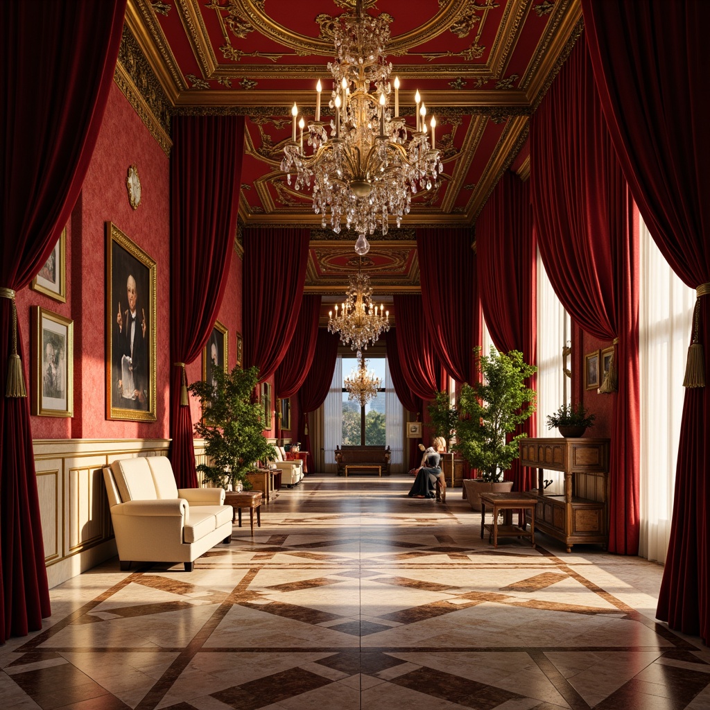 Prompt: Opulent hall interior, rich velvet drapes, ornate gold frames, lavish crystal chandeliers, intricate marble floors, majestic wooden paneling, regal crimson red walls, warm golden lighting, soft focus photography, shallow depth of field, 1/1 composition, grandiose scale, luxurious textures, dramatic shadows, Baroque-inspired patterns, elegant furnishings, antique accessories, elaborate moldings, refined details.