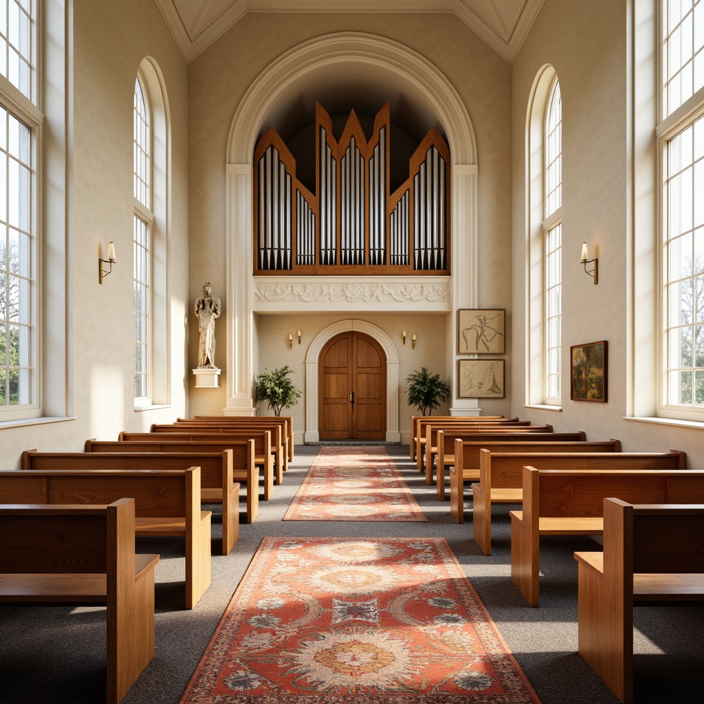 Prompt: Light-filled Scandinavian church interior, minimalistic wooden pews, cream-colored walls, vaulted ceiling, grand organ pipes, intricate stone carvings, vibrant colorful textiles, geometric patterns, Nordic-inspired fabrics, woven wool rugs, soft cushioning, natural light pouring through stained glass windows, subtle warm lighting, shallow depth of field, 1/1 composition, realistic textures, ambient occlusion.