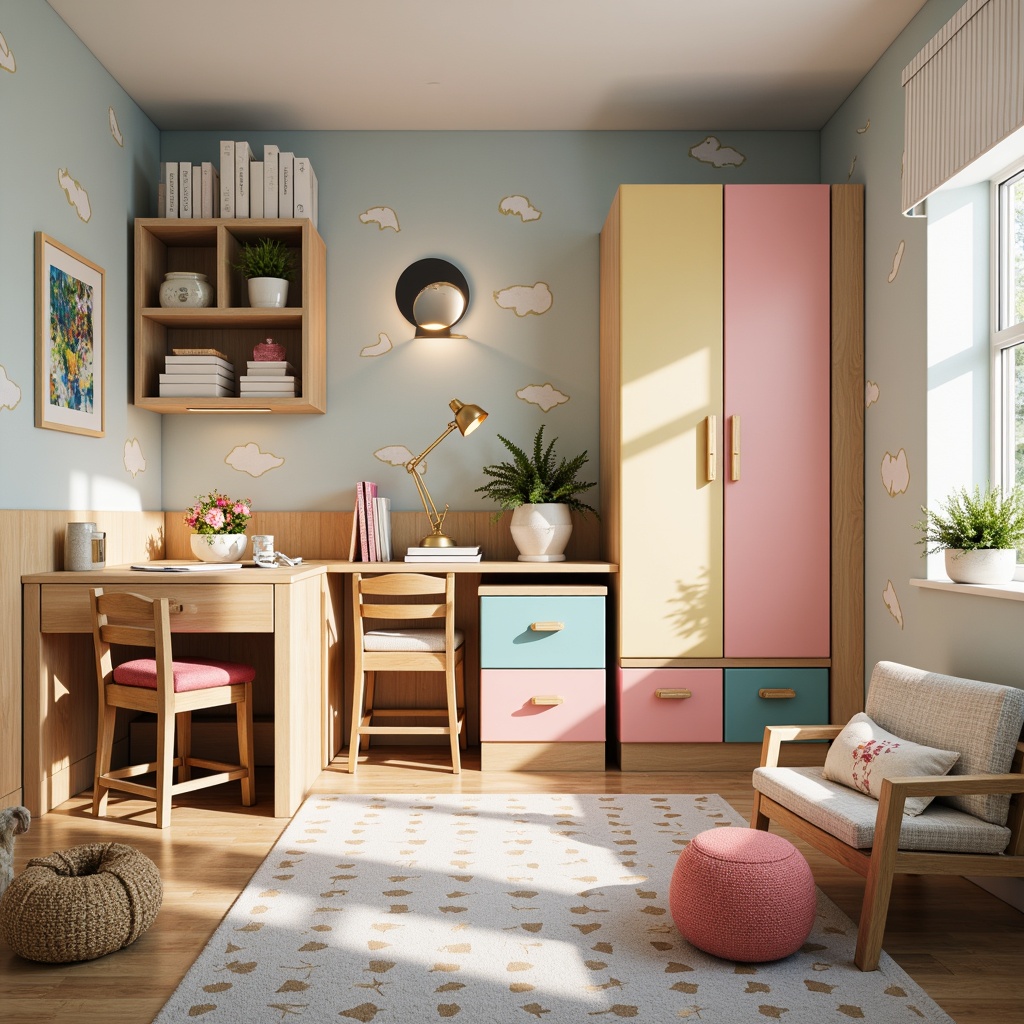 Prompt: Vibrant children's bedroom, playful furniture, colorful storage units, sturdy wooden desks, comfortable cushioned chairs, soft pastel hues, whimsical wall decals, fun patterned rugs, cozy reading nooks, adjustable desk lamps, natural wood accents, child-friendly materials, safe rounded edges, durable finishes, ample toy storage, lively polka dots, gentle warm lighting, shallow depth of field, 1/1 composition, realistic textures, ambient occlusion.