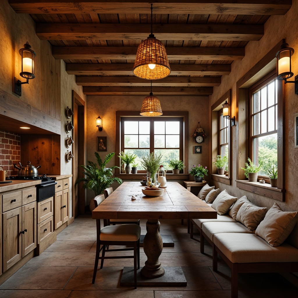 Prompt: Cozy rustic breakfast nook, warm wooden beams, distressed finishes, earthy color palette, vintage metal lanterns, pendant lights, candle chandeliers, woven wicker shades, natural linen fabrics, antique bronze fixtures, farmhouse-style sink, wooden countertops, brick backsplash, warm ambient lighting, soft morning glow, shallow depth of field, 1/1 composition, rustic country textures, realistic wood grains.