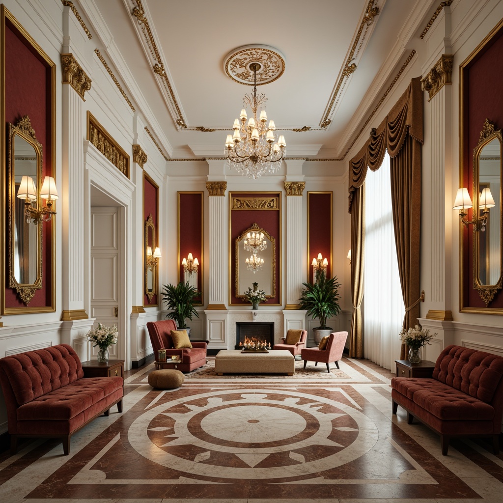 Prompt: Elegant neoclassical interior, ornate moldings, gilded accents, rich velvet fabrics, intricate marble patterns, high-gloss wooden floors, crystal chandeliers, subtle warm lighting, soft focus, shallow depth of field, 1/2 composition, realistic textures, ambient occlusion, luxurious furnishings, tufted upholstery, carved wooden panels, ornamental mirrors, subtle color palette, creamy whites, rich golds, soft grays.