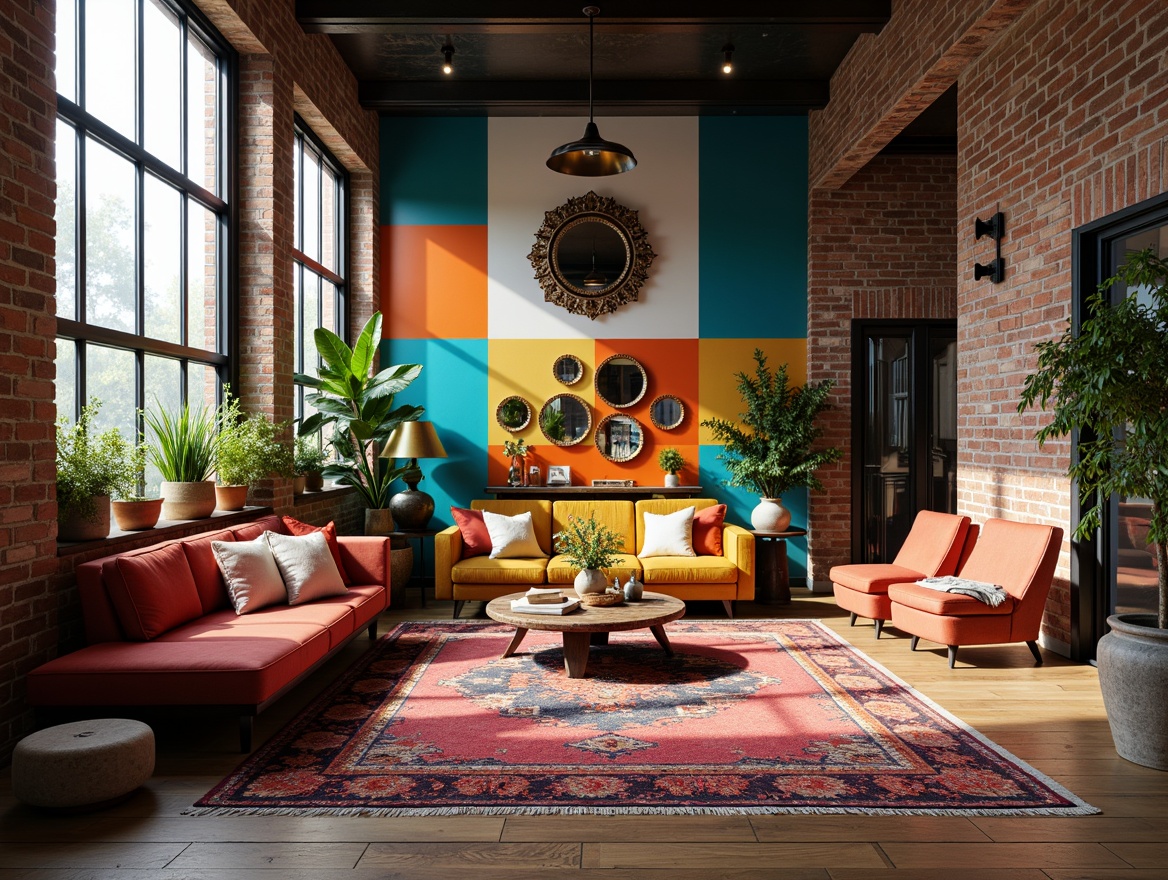 Prompt: Vibrant eclectic interior, bold color blocking, mixed patterned rugs, statement furniture pieces, ornate mirrors, lush greenery, unique art collections, industrial metal accents, reclaimed wood flooring, exposed brick walls, oversized windows, natural light pouring in, warm cozy ambiance, soft diffused lighting, shallow depth of field, 1/2 composition, realistic textures, ambient occlusion.