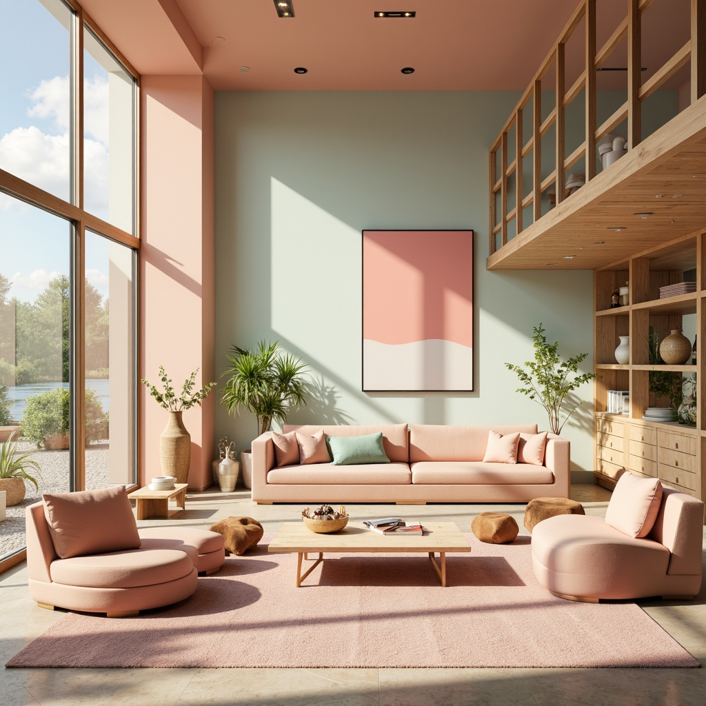 Prompt: Vibrant modern interior, sleek furniture, pastel color scheme, soft peach tones, calming mint accents, rich wood textures, metallic gold details, natural light pouring in, airy atmosphere, 3/4 composition, shallow depth of field, warm neutral background, realistic rendering, ambient occlusion.